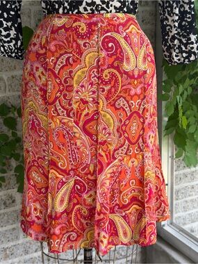 Talbots 4 Petites Orange Silk Paisley Skirt,  Ruffled Flared Knee-Length Skirt
